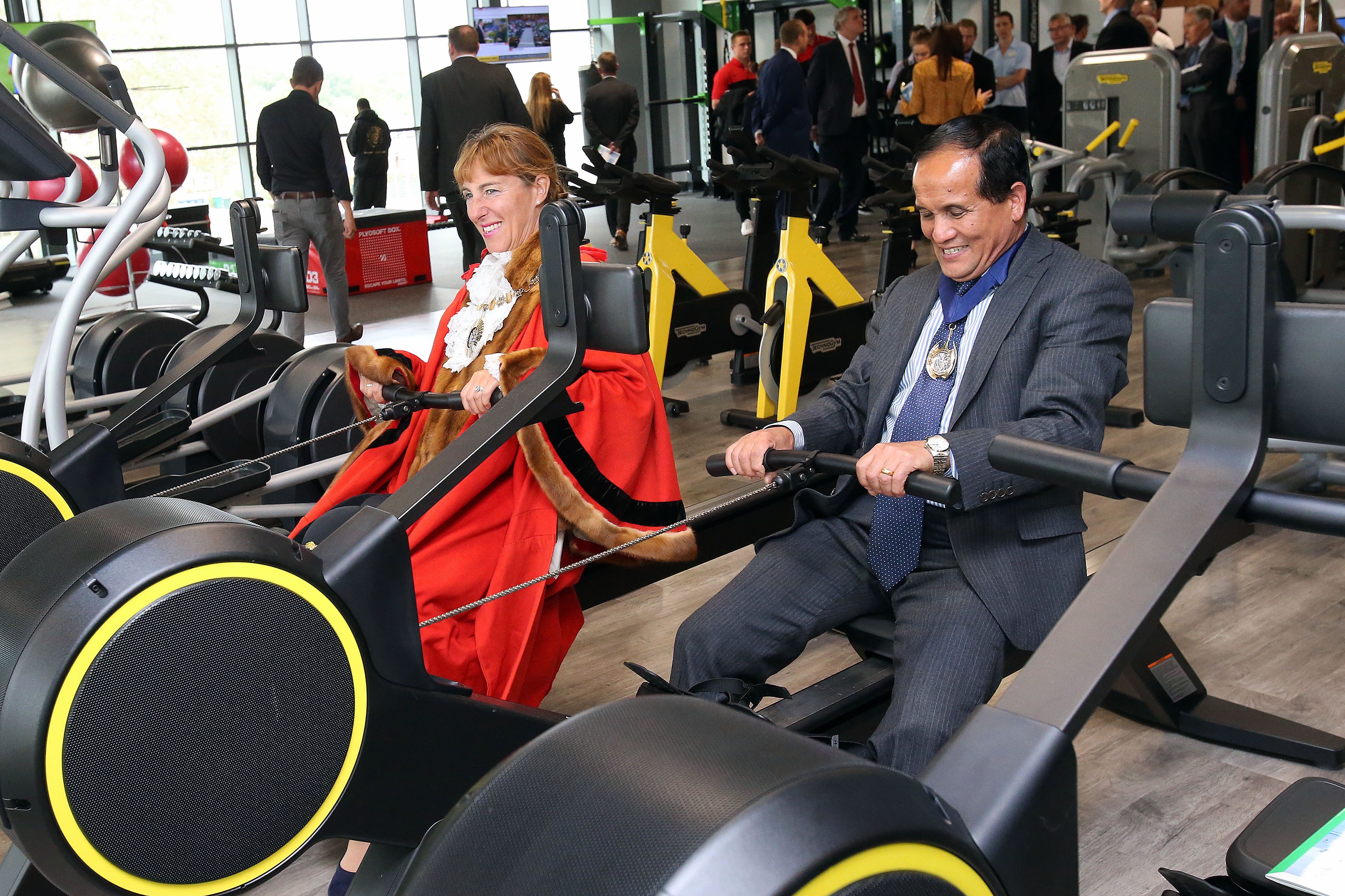 The Worshipful Mayor of Barnet, Councillor Caroline Stock, and Deputy Mayor, Councillor Lachhya Bahadur Gurung, enjoy the rowing machines at New Barnet Leisure Centre.