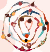 A circle of cartoon people linking hands to support each other as a community