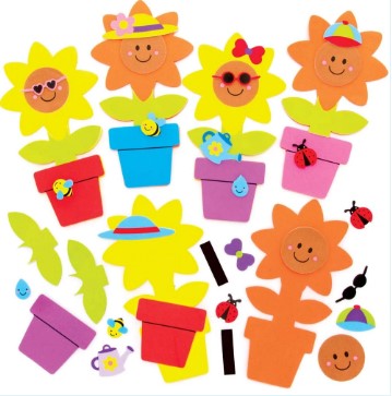 Cartoon image of colourful flowers in pots and other garden images