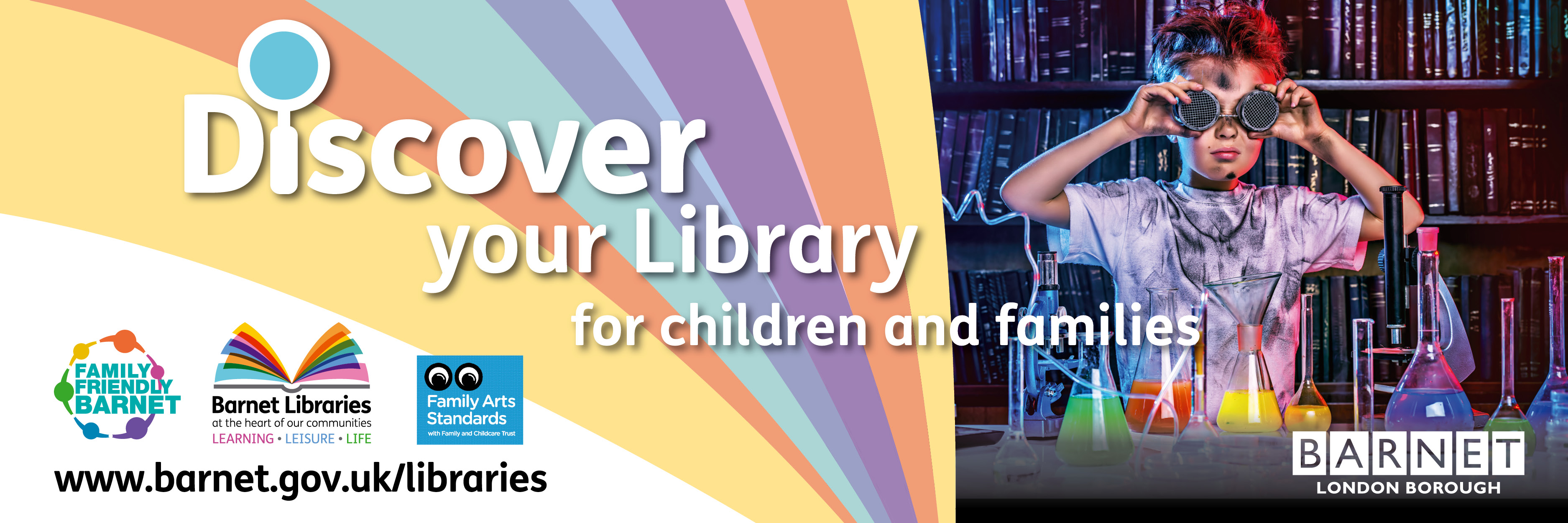 Discover Your Library logo with child wearing googles by science experiement