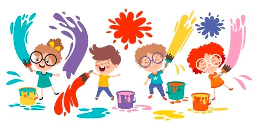 Colourful cartoon of children splashing paint.