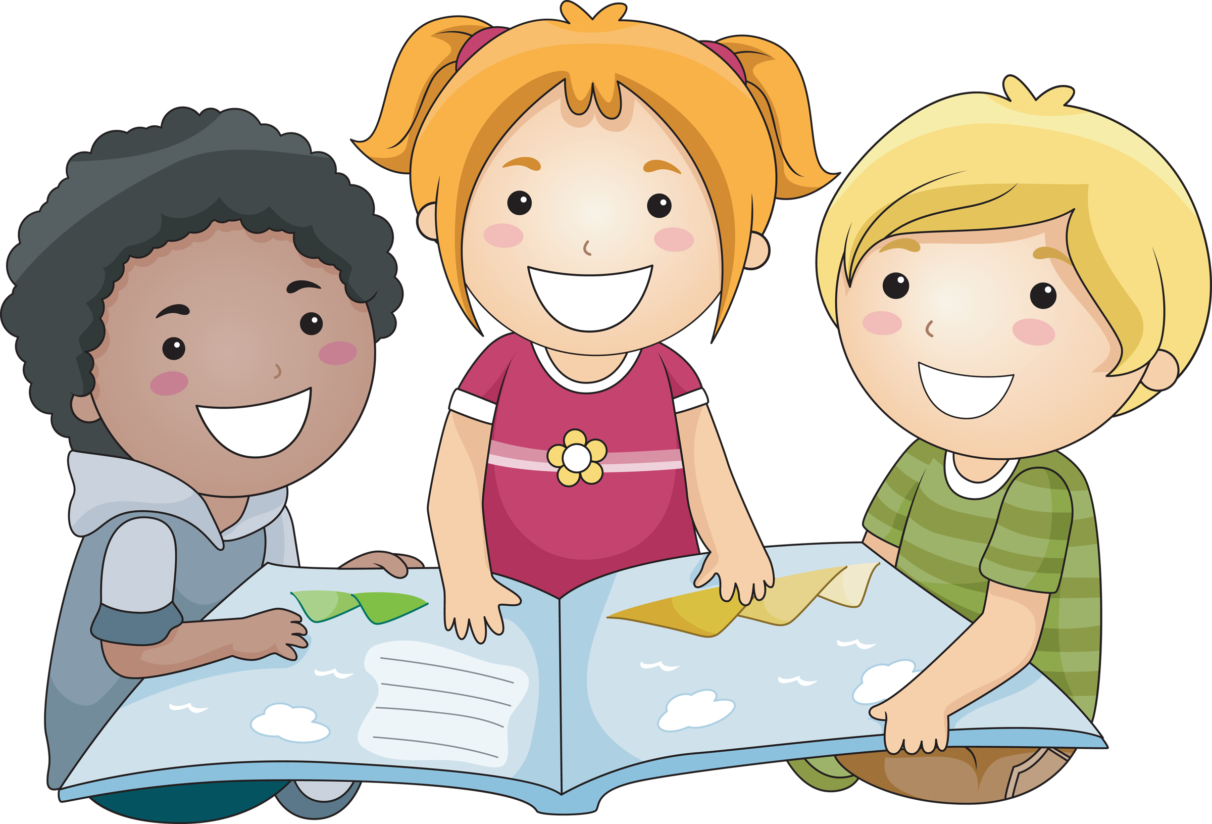 Cartoon image of three children sharing a book