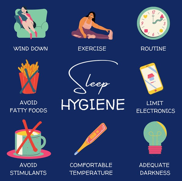 Icons and text displaying sleep hygiene tips