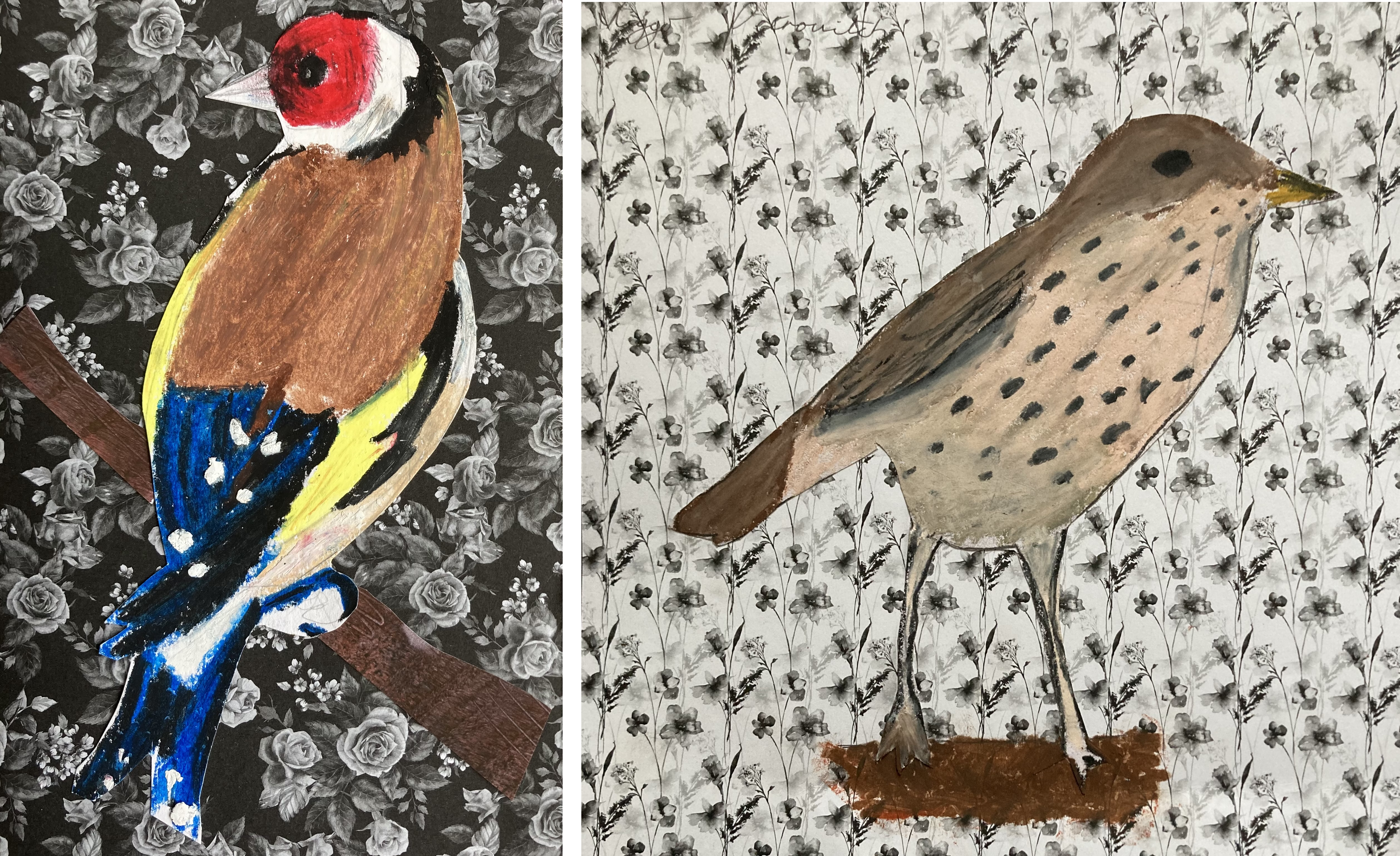 two birds - oil pastel drawing