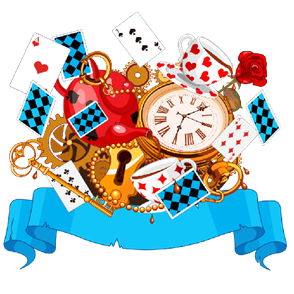 Images related to Lewis Carroll's Alice in Wonderland - playing cards, a teapot and cups, and a clock