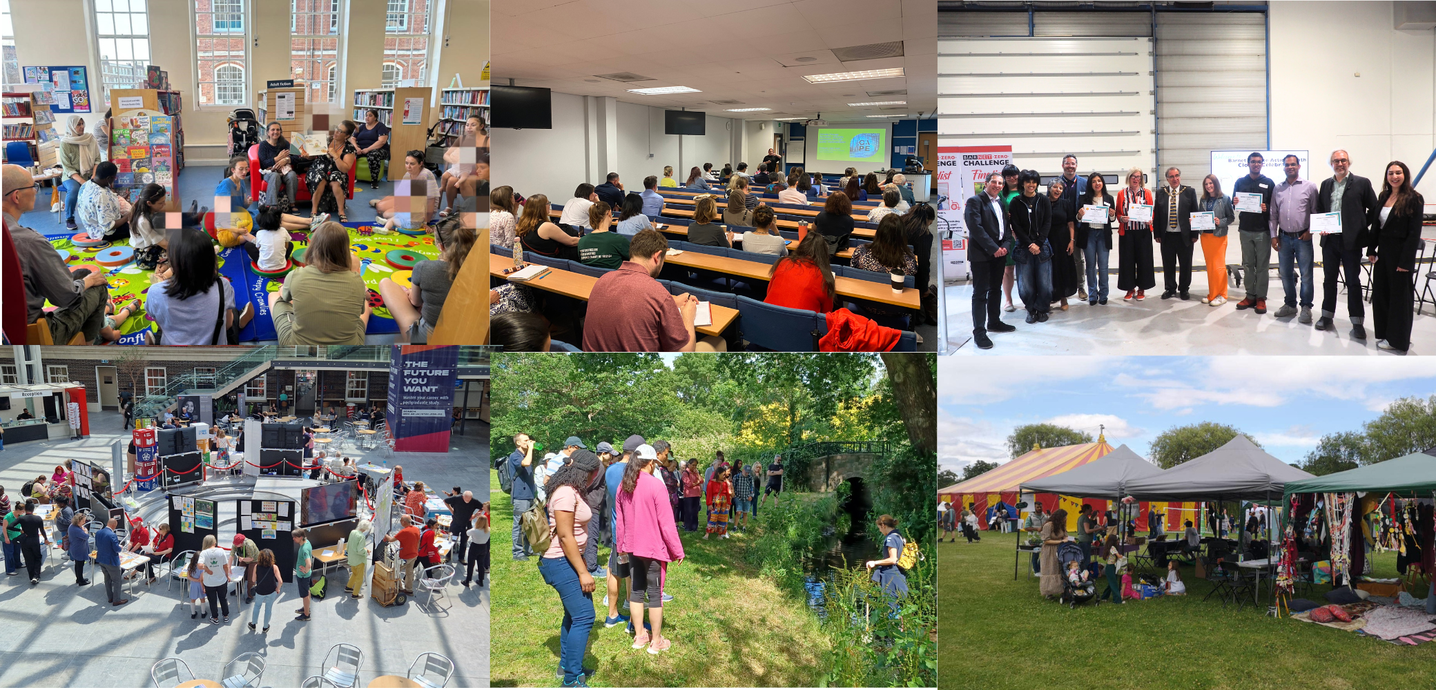 Images from BCAM 2024 with children learning about climate change and people participating in activity outside