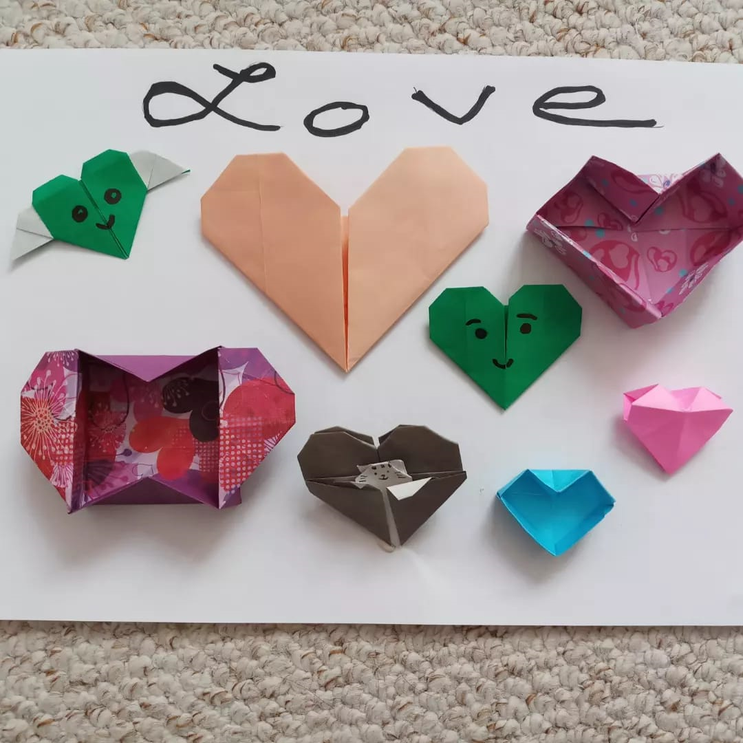 Origami hearts in different colours 