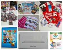 Collage of prizes including books, tote bags, tablets and toys