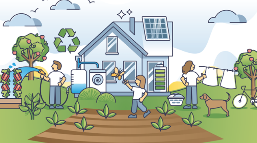 Stylised illustration of people in a sustainable world.