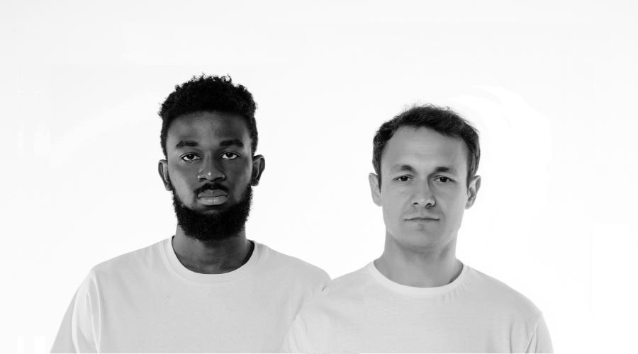 step in 2 men facing forward