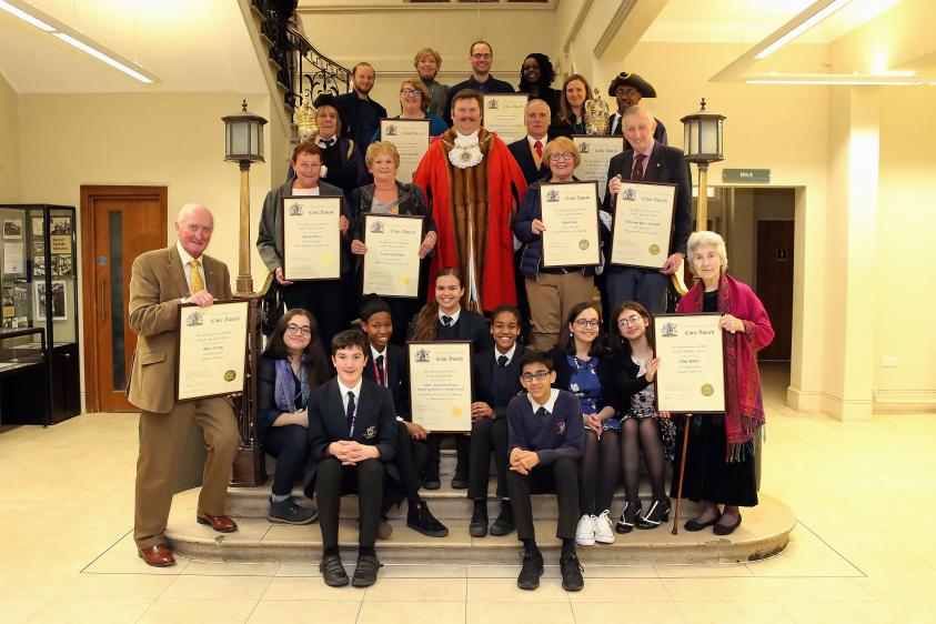 Barnet Civic Awards 2019 winners, with the Worshipful Mayor of Barnet, Councillor Reuben Thompstone